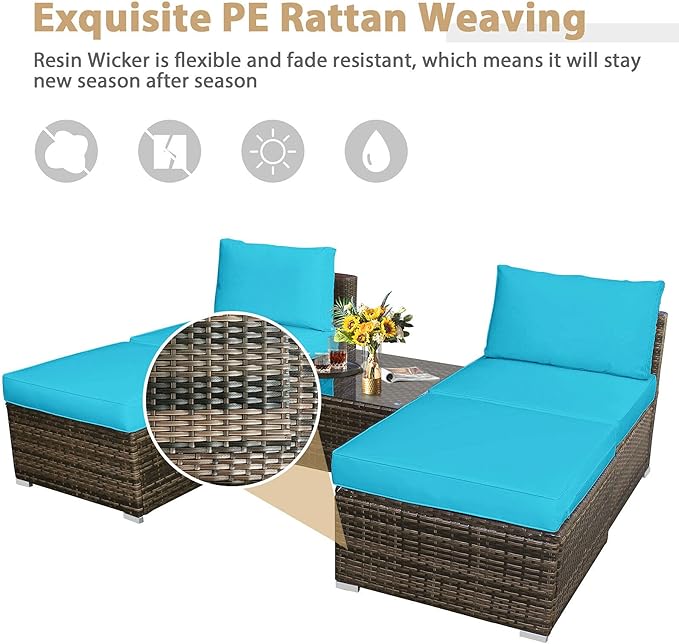 HAPPYGRILL 5-Pieces Patio Lounge Chair Outdoor Rattan Wicker Furniture Sofa Ottoman Set with Tempered Glass Table Top & Washable Zippered Cushions
