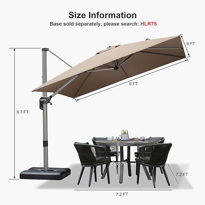 PURPLE LEAF 9’ X 9‘ Patio Umbrella Outdoor Cantilever Umbrella, Aluminum Offset Umbrella with Champagne Frame and 360° Rotation for Pool Deck Garden, Taupe