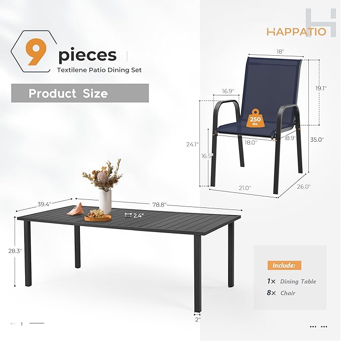 HAPPATIO Outdoor Patio Dining Set, 8 Quick Dry Textilene Dining Chairs and Dining Table with Umbrella Hole, Stackable Textilene Chairs for Garden, Patio and Poolside Backyard, Blue