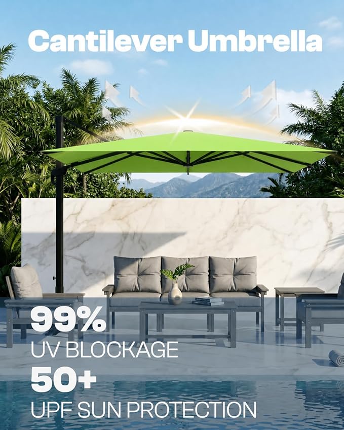 9x9 FT Square Cantilever Umbrella,Easy Tilt, Fade Resistant & 360° Rotation, Offset for Pool Deck Backyard Patioapple green (Base not Included)