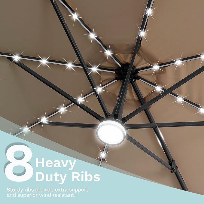 Devoko 10ft Solar LED Patio Umbrella, Round Cantilever Outdoor Umbrella with Solar Lights and 360-Degree Rotation, Large Hanging Offset Market Umbrella with Easy Tilt for Patio Deck Garden,Brown