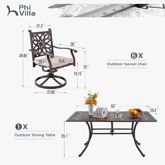 PHI VILLA Patio Dining Set, Swivel Chairs, Cast Aluminum Table | Cast Aluminum chairs, Bronze (Swivel Chairs), 2.3 umbrella hole, 360° swivel, rocking, Cushions, E-coated