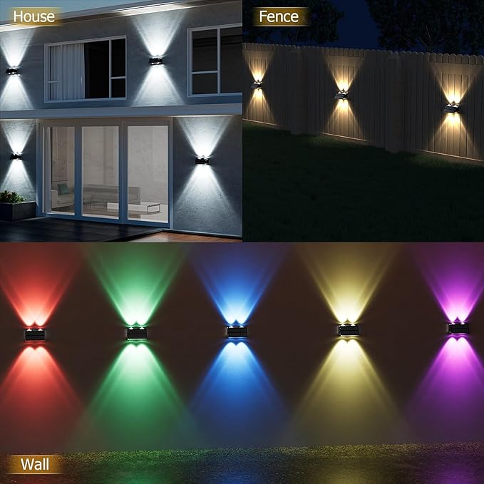 Solar Fence Lights Outdoor, Warm & Cool White RGB Dusk to Dawn Waterproof LED Wall Mount Sconce Light Up & Down Deck Lights Solar Powered for Outside Garden Patio Backyard Garage(4 Pack)