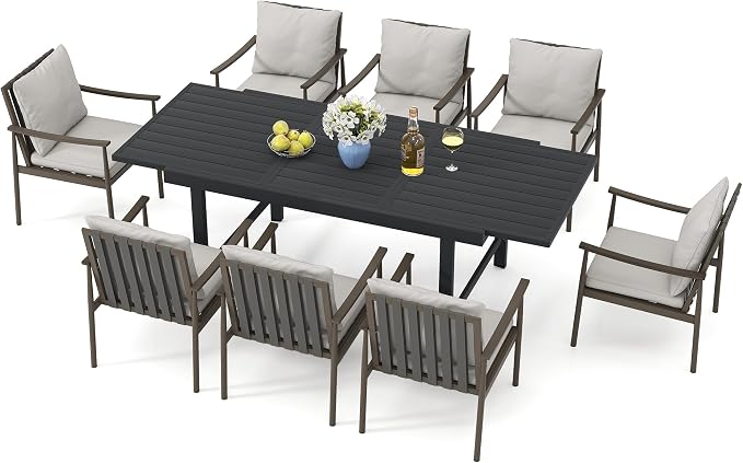 HAPPATIO 9-Piece Aluminum Patio Dining Set,Aluminum Outdoor Dining Set with Cushions,8 Dining Chairs with Expandable Table with Umbrella Hole for Lawn, Garden, Backyard