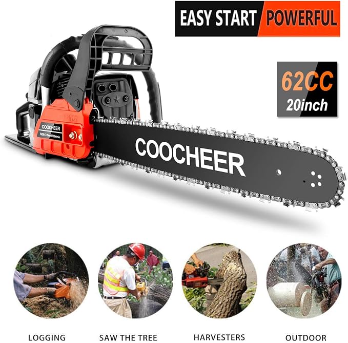 COOCHEER 62CC Gas Powered Chain saws, 20Inch 3.5HP 2-Stroke Gasoline Chain Saw with for Tree Stumps, Limbs, Tree Felling, and Firewood Cutting(Black&Red 2022 Updated)