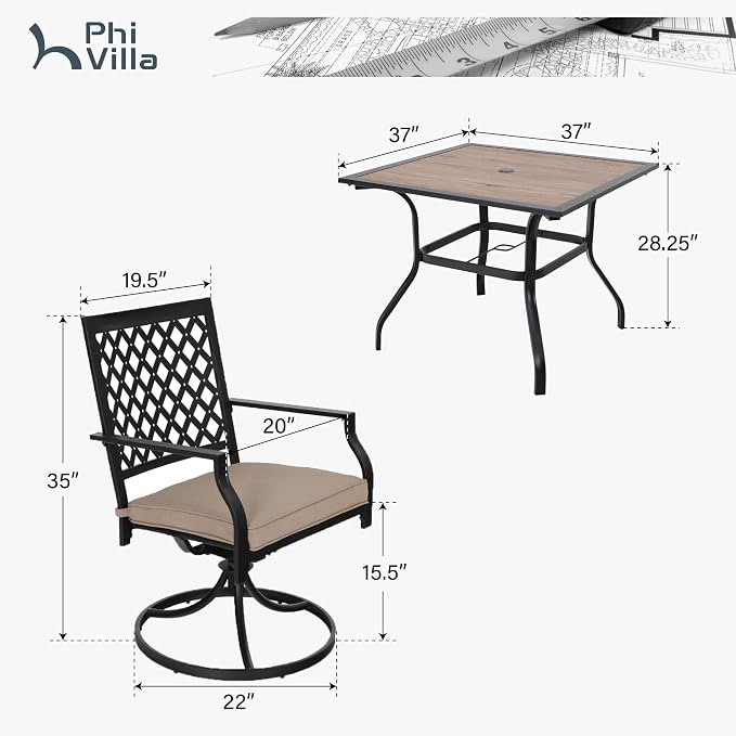 PHI VILLA Patio Dining Set for 4, Swivel Chairs& 37" Square Steel Table | Table w/ Polywood Tabletop&Swivel Wrought Iron Chairs with Cushions, Outside Furniture Set for Patio, Deck, Yard, Porch