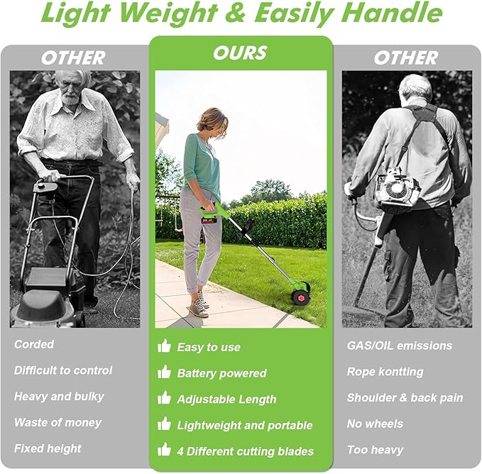 Cordless String Trimmer,21V 2.0Ah Battery, Fast Charger & 4 Types Blades, Lightweight Lawn Trimmer with Wheels, Grass Trimmer/Brush Cutter/Lawn Edger for Garden