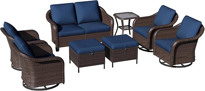 8 Piece Patio Wicker Conversation Set, All-Weather Use Outdoor Wicker Loveseat with 2 PE Rattan Ottomans,4 Swivel Chair, 1 Side Table, Ideal for Porch, Backyard, Balcony, Poolside, Blue