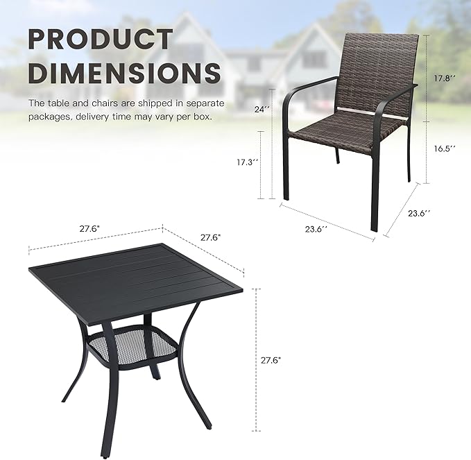 Outdoor Dining Set for 2, 28" Metal Square Outdoor Dining Table and Wicker Stackable Patio Chairs, 3 Pieces Patio Table and Chairs Set for Garden Backyard, Black