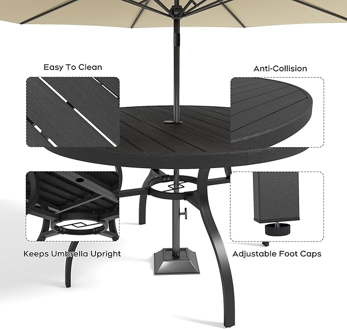 41” Patio Outdoor Dining Table, Wood-Grain Patio Round Table with Umbrella Hole, All-Weather Metal Dining Table for Party, Lawn & Garden