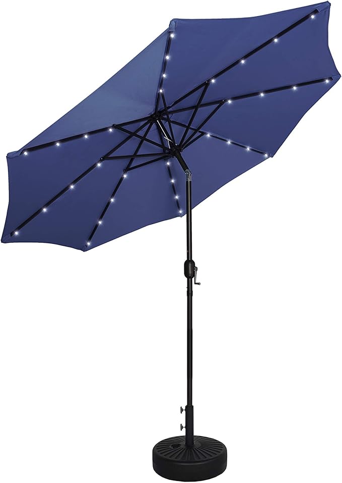 WO Home Furniture 9 Ft Patio Solar Power LED Lights Market Umbrella with Black Color Round Free Standing Weight Base kit Navy Blue