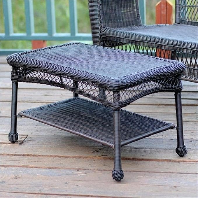 Pemberly Row Outdoor Wicker Patio Coffee Table, Espresso Finish, 28.5 x 17 x 17 in, Hand-Woven All-Weather Resin, UV-Resistant, Steel Frame, Durable Lightweight Design, Lower Storage Shelf, Fully