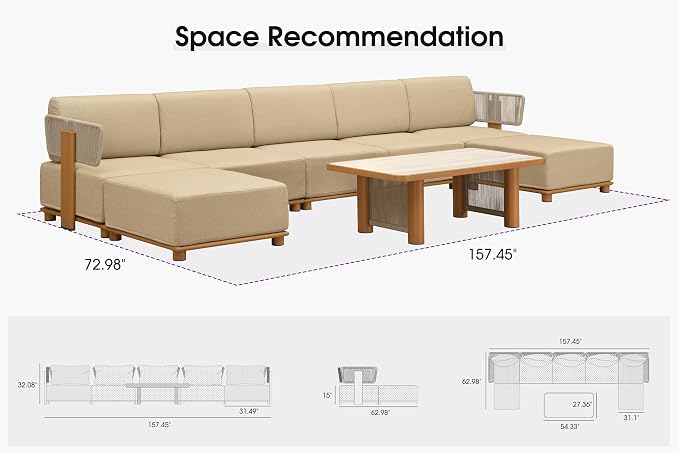PURPLE LEAF Patio Furniture Set Modular U-Shaped Outdoor Sectional Sofa with 11" Thick Cushion 8-Piece Outdoor Conversation Set w/Ottomans & White Lights for Backyard Poolside Table Included, Beige