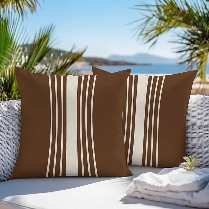Vandarllin Outdoor Throw Pillows Covers 18x18 inch Set of 2 Waterproof Brown Vertical Stripes Decorative Zippered Cushion Covers for Patio Furniture, Classic Striped Linen Lumbar Pillowcases