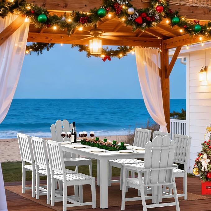 9 Piece Outdoor Table and Chairs Set, HDPE Dining Furniture, White | 75.2” table,8 seat outdoor dining table set, mixed chair HDPE and ALU, moisture and UV, low maintenance outdoor furniture