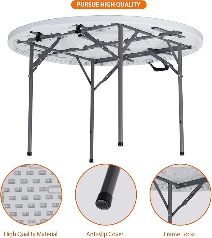 ZenStyle Folding Table, Indoor Outdoor Portable Plastic Dining Card Table Utility Table for Camping Dining Event Party, White (Round, 48"x48")