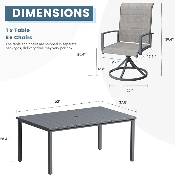 DIFY 7 Piece Outdoor Patio Dining Set for 6, 63" Rectangle Metal Dining Table and Swivel Patio Chairs with Padded Textilene, All-Weather Outdoor Furniture Set for Garden Backyard Porch, Grey