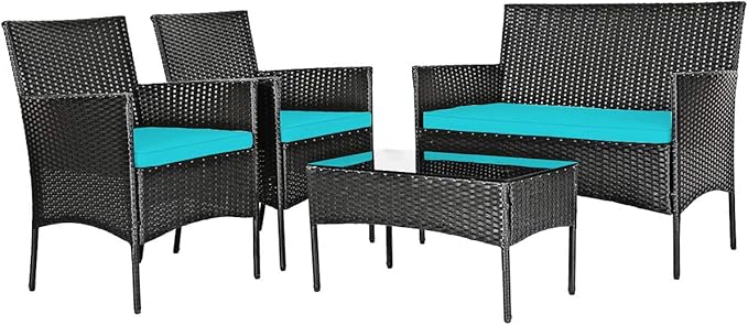 Tangkula 8 Piece Patio Furniture Set, Outdoor Wicker Conversation Set with Tempered Glass Coffee Table, Rattan Loveseat & Chairs Set with Seat Cushions for Backyard, Garden, Poolside (2, Turquoise)