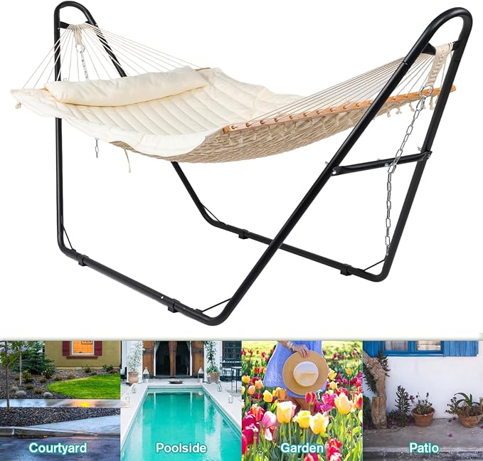 Hammock with Stand, 1-2 Person Heavy Duty Hammock with Pillow, Polyester Outdoor Hammocks Bed for Outside Backyard, Camping, Garden, Yard, Patio, 550 lbs Weight Capacity, Hamaca (Beige)
