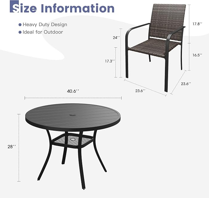 VICLLAX 5 Pieces Patio Dining Set, 4 Stakable Wicker Outdoor Chairs and 40.6" Patio Round Metal Table with Umbrella Hole for Backyard Lawn Deck, Black Tabletop