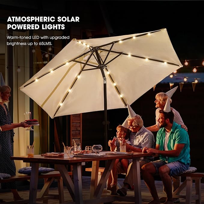 wikiwiki 7.5ft Solar Led Patio Umbrella, Sturdy Outdoor Market Umbrella for Deck, Pool, Garden w/Tilt, Crank, 18 LED Lights, Beige