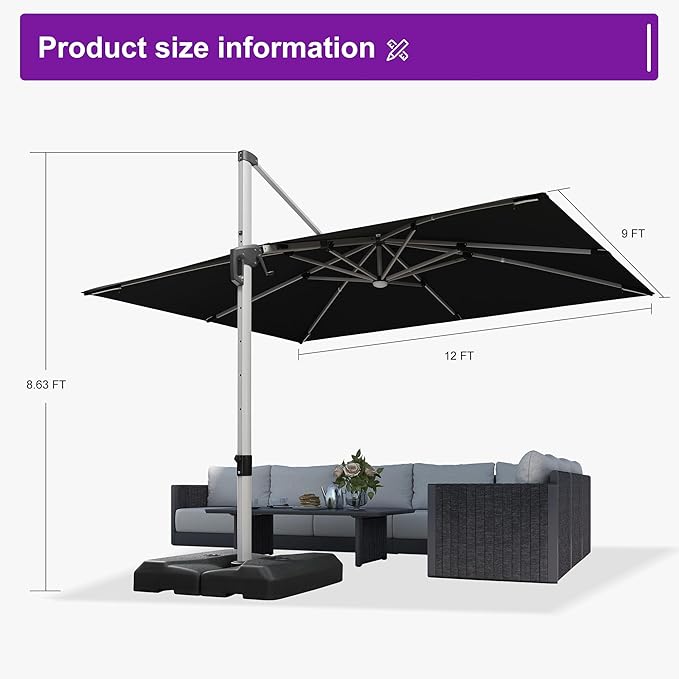 PURPLE LEAF Patio Umbrella with Base 9' X 12' Outdoor Rectangle Cantilever Umbrella Solar Powered LED with 360-degree Rotation for Garden Deck Pool Patio, Black