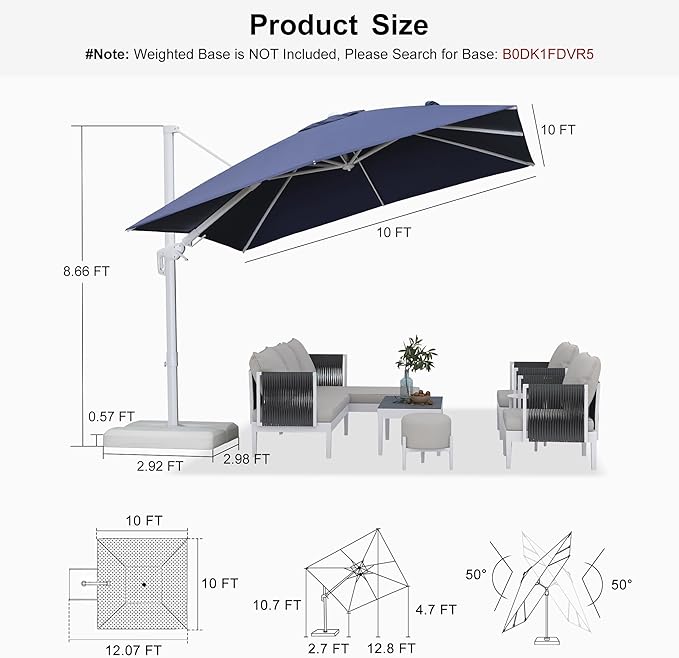PURPLE LEAF 10 FT Right-left Tilt Patio Umbrella Swivel White Cantilever Umbrella with Tilt Aluminum Outdoor Umbrella with 360° Rotation for Deck Pool Garden, Navy Blue
