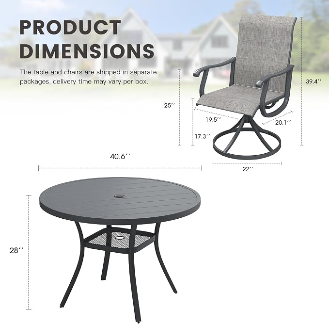 Outdoor Dining Set for 4, 40.6" Metal Round Outdoor Dining Table with Umbrella Hole and Sling Patio Swivel Chairs, 5 Pieces Patio Table and Chairs Set for Garden Backyard, Grey and Dark Grey