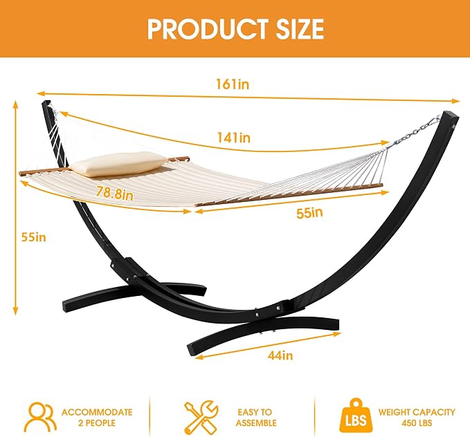 Lazy Daze Hammocks Outside Quilted Hammock with 13 FT Curved Steel Heavy Duty Stand and Pillow for Outdoor, Backyard, Patio, 450 Lbs Capacity, Cream