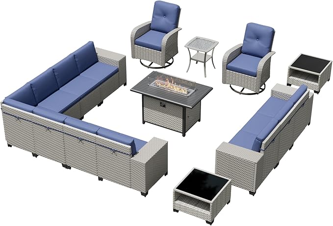 16-Piece Outdoor Patio Furniture Set, Modular Sectional Sofa Set with Swivel Rocker Chairs & Fire Pit, Wicker Outdoor Couch Conversation Sets w/Coffee Table and Cushions, Blue