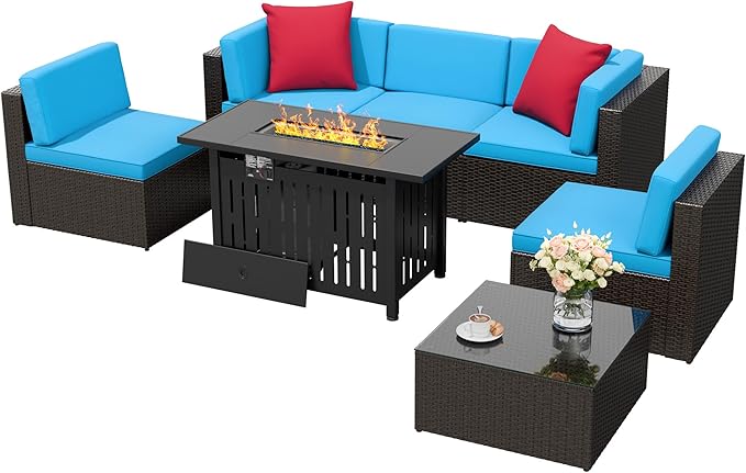 Flamaker 7 Pieces Patio Furniture Set with Fire Pit Table Outdoor Sectional Patio Sofa Furniture Set with Gas Fire Pit and Coffee Table & Ottoman Cushion Pillows, Blue