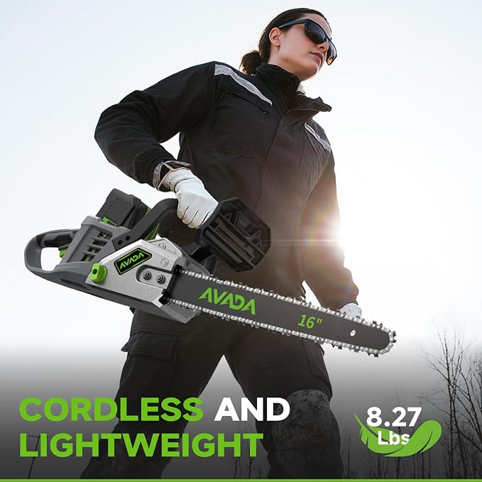 Electric Chainsaw Cordless, 42V 16 Inch Battery Chainsaw with Brushless Motor and Quiet Superior Cutting Power, Hand Battery Powered chainsaw for Tree Trimming Wood Cutting, 2 Battery and Charger