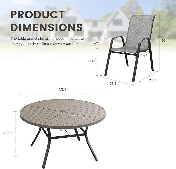 9 Pieces Outdoor Dining Set, 53.1" Spliced Patio Table with Umbrella Hole & Stackable Outdoor Dining Chairs, Patio Furniture Set for Deck Garden Porch, Grey Chairs & Grey Table