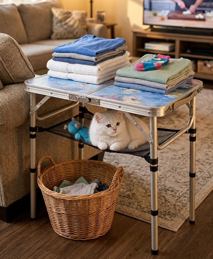 Outdoor Side Table, Portable 3 Adjustable Height Small Outdoor Folding Table, Aluminum Foldable Patio Side Tables for Outside Indoor, Plant Stand Coffee End Table for Garden, Balcony(Provence Dreams)