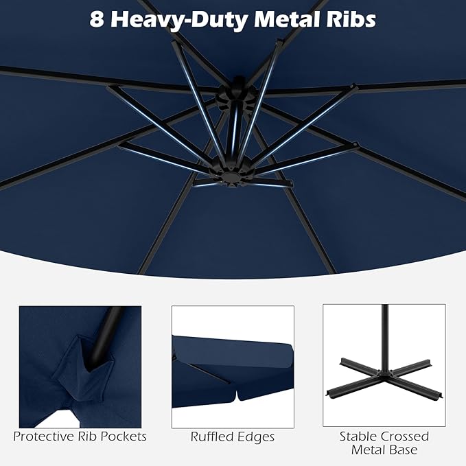 Tangkula 10FT Offset Hanging Umbrella with Cover, Patio Cantilever Umbrella w/ Easy Tilt Adjustment, Crank, Ruffled Edge, 8 Ribs, Sun-Protective Canopy, Heavy-Duty Outdoor Parasol for Pool Garden Deck (Navy)