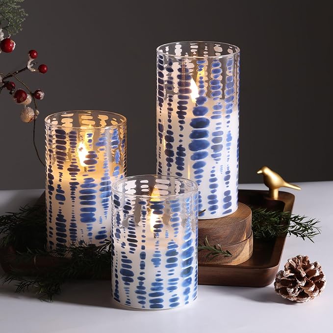 Eywamage Blue Dots Flameless Candles in Glass Jars, Flickering Battery LED Pillar Candles with Remote Set of 3