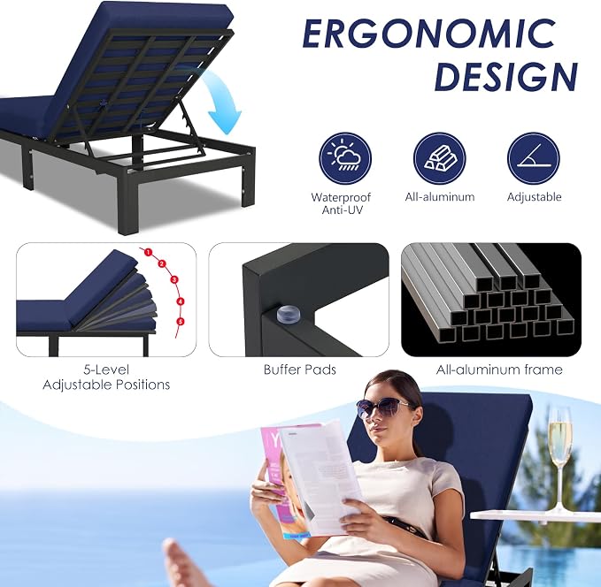 RADIATA 9 Piece Large Modern Aluminum Patio Furniture Set, Fade Resistant Modular Outdoor Conversation Set with Lounge & Fire Pit Table, 500 lbs Durable Modular Sectional Sofa for Garden, Navy Blue