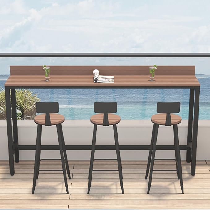 Outdoor Bar Table, Patio Pub Height Table with Anti-Fall Baffle, All-Weather Bar Height Counter Table, Narrow Dining Table for Hot Tub, Garden & Backyard(Color:Black+Wood,Size:L-47.2in)