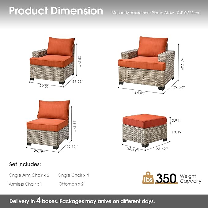 Outdoor Sectional Patio Furniture Set,9 Pieces All Weather Rattan Wicker Conversation Sets,Out Door Furniture with Ottoman Single Chair,Orange Red