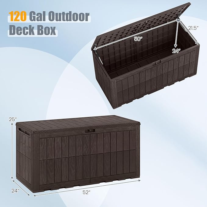 HAPPYGRILL 120 Gal Outdoor Deck Box, Lockable Storage Bin with Lid and Handles, Waterproof and Sun-Protective Patio Bench and Storage Box for Garden Tools Pool Supplies (Dark Brown, 120Gallon)