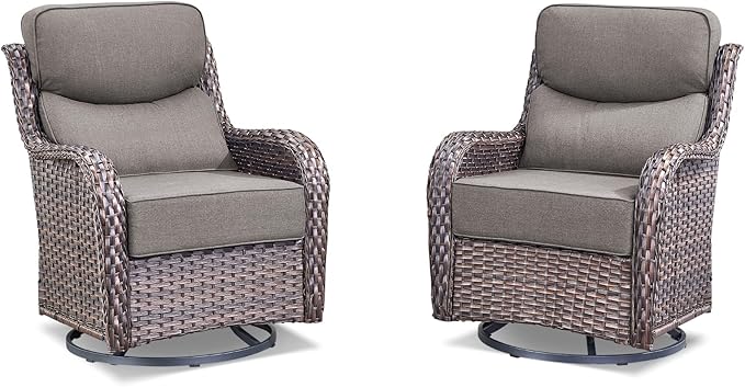 Luxury Wicker Patio Furniture Set-High Back Outdoor Swivel Chairs Set of 2 with 6" Thick Cushions Wide Armrest All Weather Patio Conversation Sets for Deck Porch Balcony(Brown/Grey)