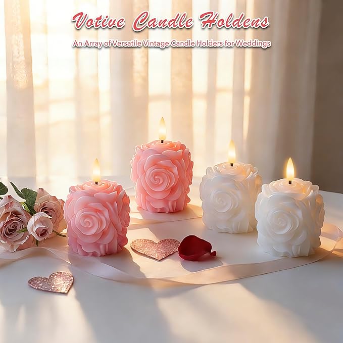 Valentine Day Rose Flameless Candles with Remote and Timer, 2 Pack Flickering LED Candles for Proposal Wedding Anniversary Romantic Night, White