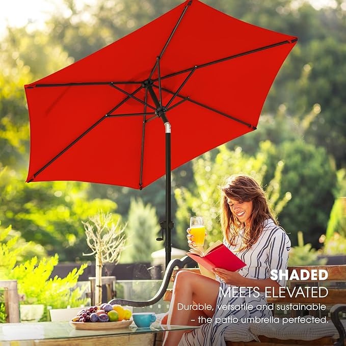 wikiwiki 7.5FT Patio Umbrella with Base, Outdoor Umbrellas with Base Included, 6 Sturdy Ribs, Waterproof Fade Resistant POLYESTER DTY Canopy for Deck, Lawn, Garden, Backyard & Pool, Red