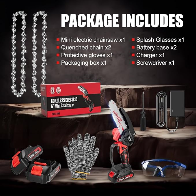 Mini Chainsaw Cordless 6 Inch, Handheld Electric Power Chain Saw with 2 Batteries, Portable Battery Powered Chainsaws for Tree Trimming Wood Cutting, Best Gifts for Dad, Husband,Women