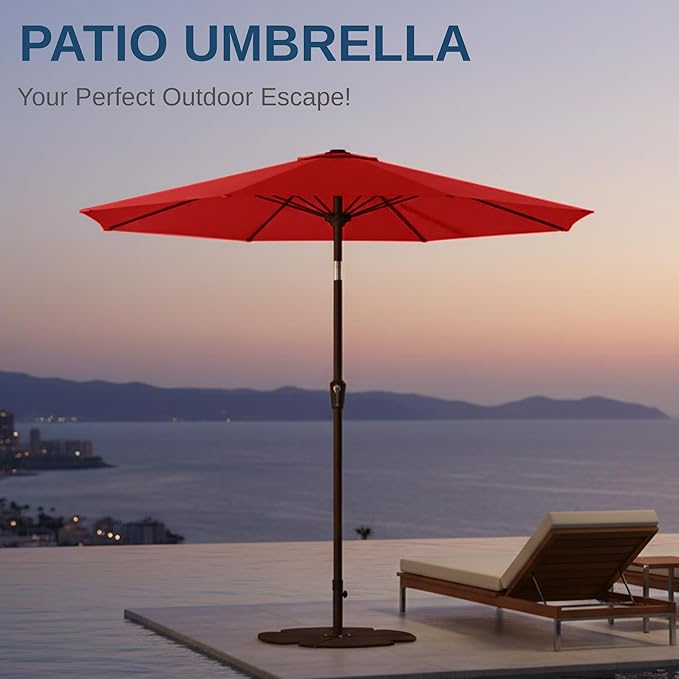 9ft Patio Umbrella with Push Button Tilt and Crank,Outdoor Market Table Umbrella UV Protection 8 Sturdy Ribs for Backyard,Garden,Pool,Deck(Red)