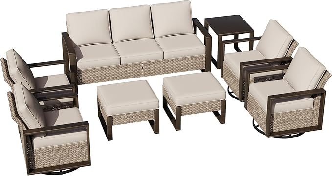 Outdoor Patio Swivel Rocker Chairs, 8 Pieces Wicker Furniture Set, 4 Swivel Rocking Chairs, 1 Sofa, 2 Ottoman and 1 Table, Wide Armrest, Thick Cushions and Deep Seating for Garden, Backyard, Porch
