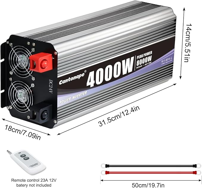 Cantonape 4000 Watt Power Inverter, Car Inverter 24V DC to 110V/120V AC Converter with LCD Display, 4 AC Outlets, USB Port & Remote Controller for RV, Truck, Off-Grid Solar System