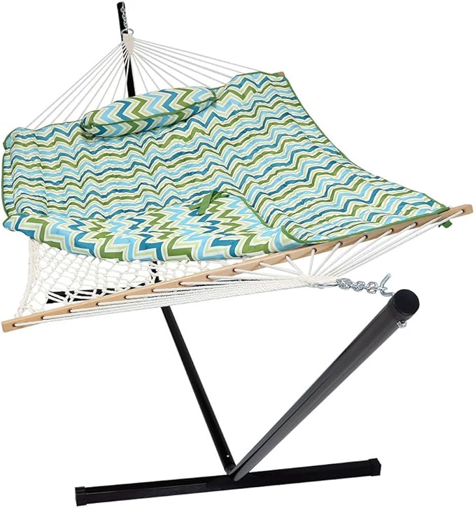 Sunnydaze Rope Hammock with Stand for Outside- 275-Pound Capacity - Includes 12-Foot Hammock Stand, Spreader Bar, Pad, and Pillow - Blue and Green Chevron