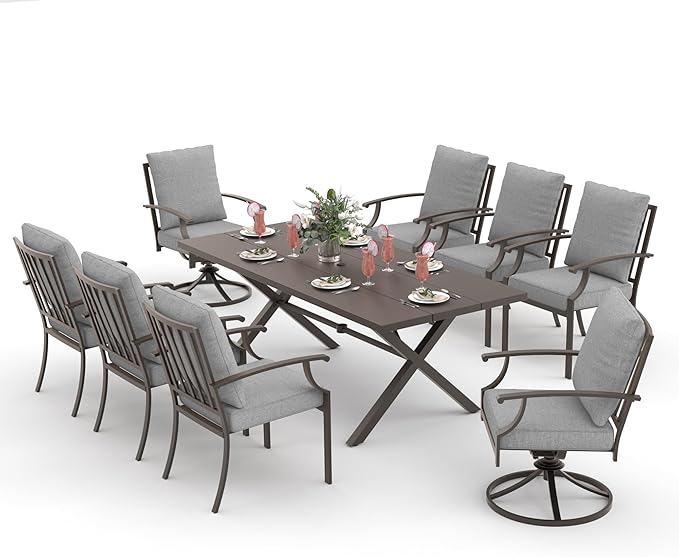 ALAULM 9-Piece Patio Dining Table and Chairs for 8 Outdoor Dining Set with 2 Swivel Chairs Patio Dining Sets with Rectangular Metal Table with Umbrella Hole for Patio, Backyard, Garden-Grey