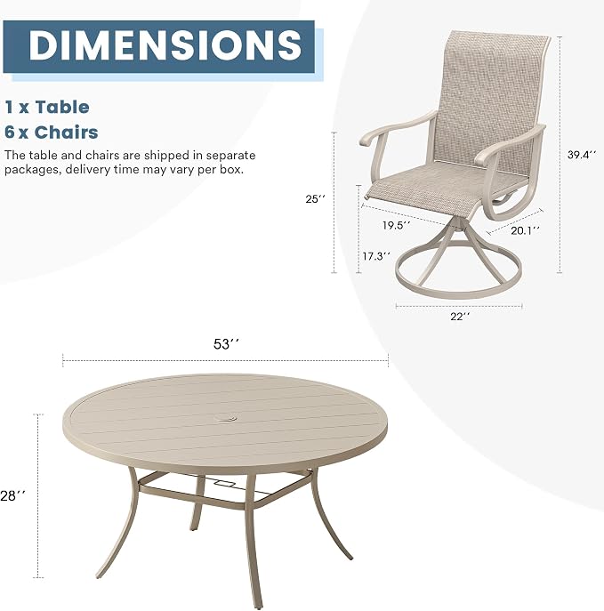 DIFY Outdoor Dining Set for 6, 7 Piece Patio Table and Chairs Set, Swivel Patio Dining Chairs with Textilene Fabric & 53" Round Metal Dining Table with Umbrella Hole, for Garden Backyard, Sandshell
